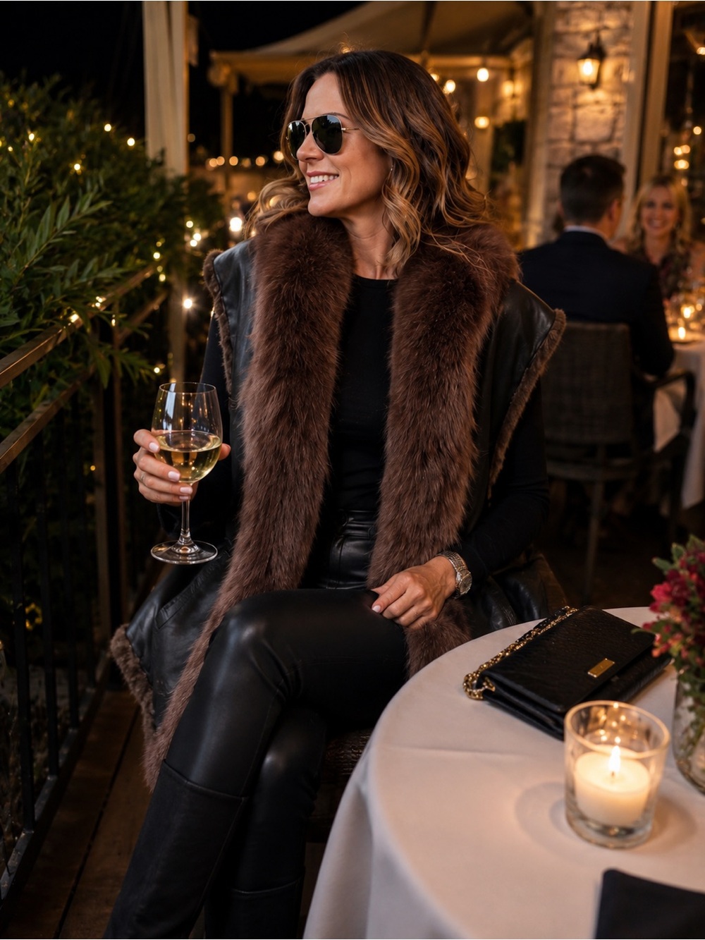 Miss O Oscar De La Renta Brown mink Fur Vest with Fox Collar reversible leather
